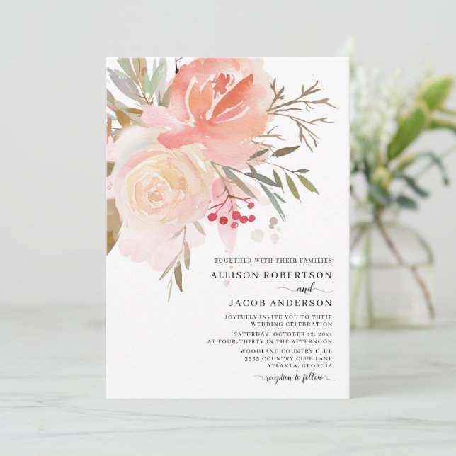 Chic Watercolor Blush Pink Blume Hochzeit Einladung (Stehend Vorderseite)