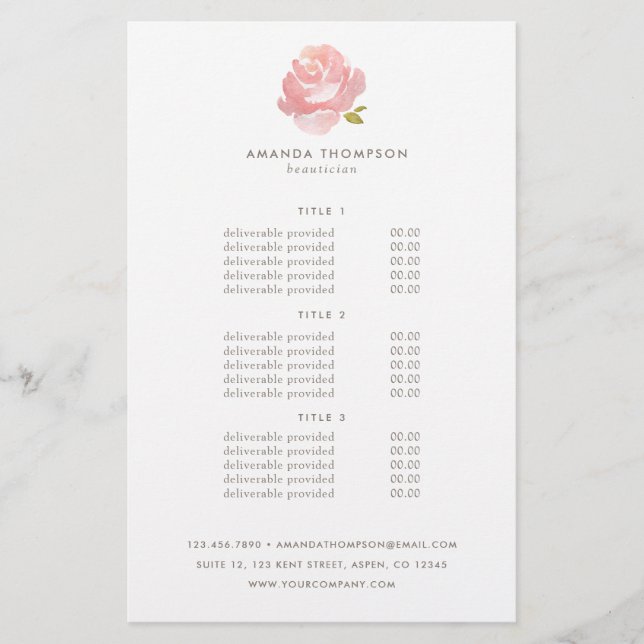 Chic Watercolor Blush Pink Rose Preise & Services Flyer (Vorne)