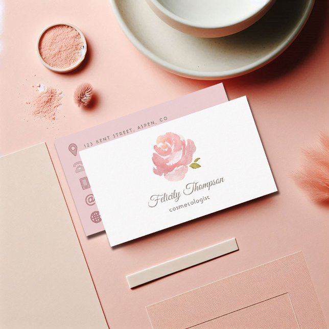 Chic Watercolor Blush Pink Rose QR Code Visitenkarte (Chic Watercolor Blush Pink Rose QR Code Business Card)