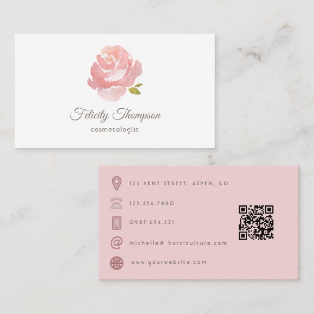 Chic Watercolor Blush Pink Rose QR Code Visitenkarte (Vorne/Hinten)