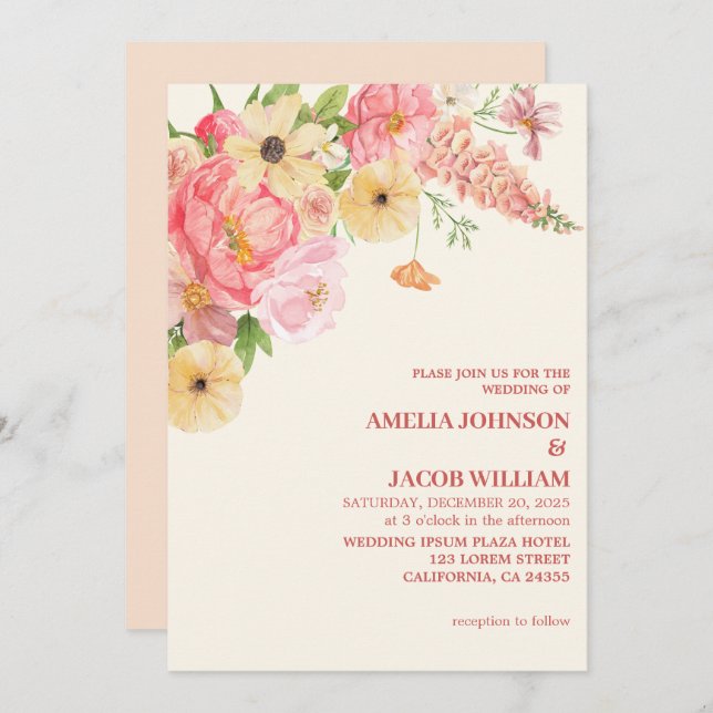 Chic Watercolor Blütenbutter, gelber Pfirsich Hoch Einladung (Vorne/Hinten)