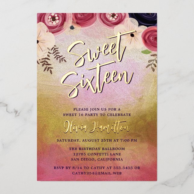 Chic Watercolor Blütencreme Sweet 16 Foil Einladun Folieneinladung (Vorderseite)