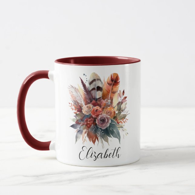 Chic Watercolor Boho Blumenherbst Personalisiert Tasse (Links)
