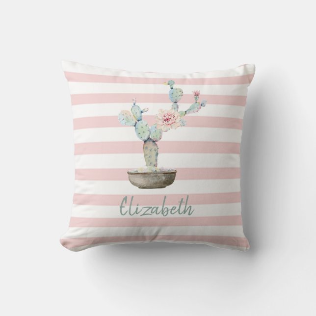 Chic Watercolor Cactus, Pink Stripes Kissen (Vorderseite)