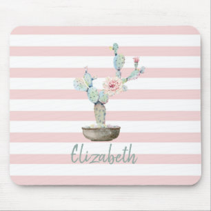 Chic Watercolor Cactus, Pink Stripes Mousepad