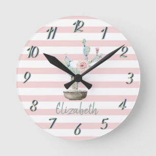 Chic Watercolor Cactus,Pink Stripes   Runde Wanduhr