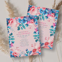Chic Watercolor Floral 60. Geburtstag Programm Blu