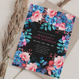 Chic Watercolor Floral 60. Geburtstag Schwarz Einladung