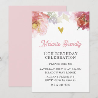 Chic Watercolor Floral 70. Geburtstagsparty Einlad Einladung