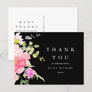 Chic Watercolor Floral Baby Dusche Danke Black Postkarte