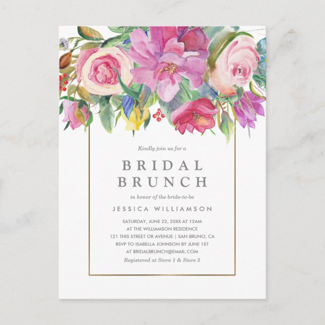 Chic Watercolor Floral Bridal Brunch Postkarte (Vorderseite)
