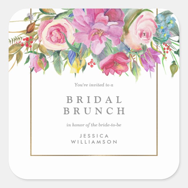 Chic Watercolor Floral Bridal Brunch Quadratischer Aufkleber (Vorderseite)