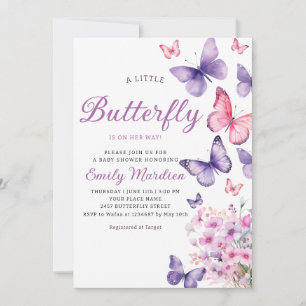 Chic Watercolor Floral Butterfly Girl Babydusche Einladung