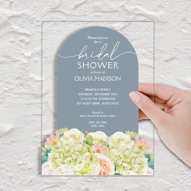 Chic Watercolor Floral Dusty Blue Bridal Shower  Acryleinladungen (Chic watercolor florals on dusty blue bridal shower ACRYLIC invitations)