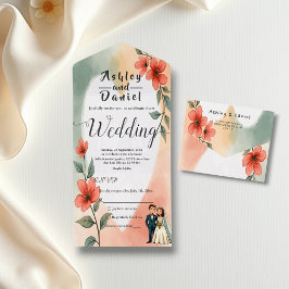 Chic Watercolor floral Dusty Bride Groom Wedding All In One Einladung