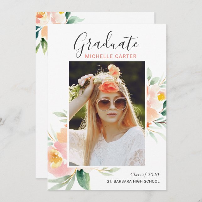 Chic Watercolor Floral Foto Graduation Party Einladung (Vorne/Hinten)
