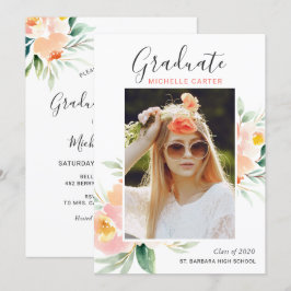 Chic Watercolor Floral Foto Graduation Party Einladung