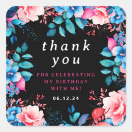 Chic Watercolor Floral Geburtstag Danke Black Quadratischer Aufkleber