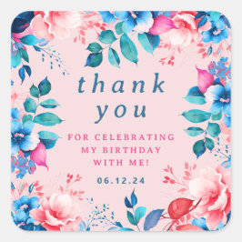 Chic Watercolor Floral Geburtstag Danke Blush Quadratischer Aufkleber