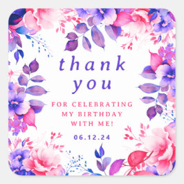 Chic Watercolor Floral Geburtstag Danke Lila Quadratischer Aufkleber
