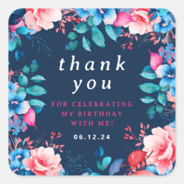 Chic Watercolor Floral Geburtstag Danke Navy Quadratischer Aufkleber