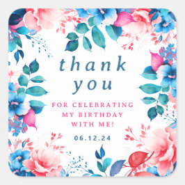 Chic Watercolor Floral Geburtstag Vielen Dank Quadratischer Aufkleber