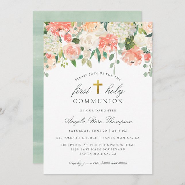 Chic Watercolor Floral Girl's First Heilige Kommun Einladung (Vorne/Hinten)