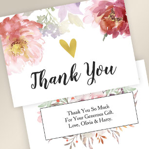 Chic Watercolor Floral Gold Herz Danke Karte