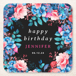 Chic Watercolor Floral Happy Birthday Black Rechteckiger Pappuntersetzer