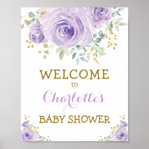 Chic Watercolor Floral Lila Gold Baby Dusche Poster