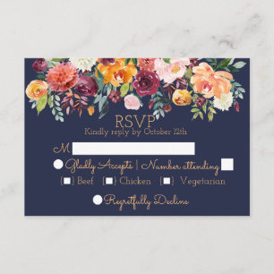 Chic Watercolor Floral Navy Blue Wedding RSVP Card Karte