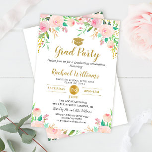 Chic Watercolor Floral Pink Gold Graduation Party Einladung