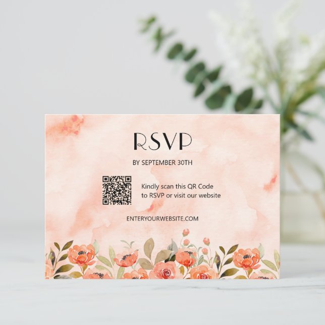 Chic Watercolor Floral QR Code RSVP Karte (Stehend Vorderseite)