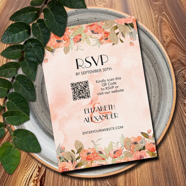Chic Watercolor Floral QR Code RSVP Karte (Watercolor Orange Floral RSVP Cards with website QR Code)