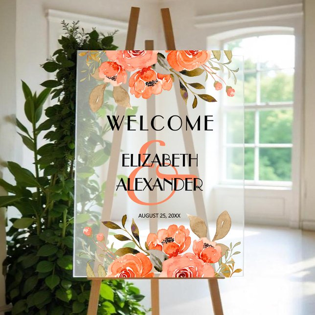 Chic Watercolor Floral Wedding Willkommen Acrylschild (Chic watercolor orange floral wedding Welcome acrylic sign)
