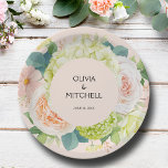 Chic Watercolor Florals Blush Pink Wedding Pappteller<br><div class="desc">Schöne Aquarell-Hydrangeas,  Rosa- und Cremetönen,  Gänse,  kleine Blüten und Blätter in Rosa,  personalisieren Sie diese Teller für Ihre Hochzeit,  Brautparty,  Engagement Party,  mit Ihren Details in schicken Buchstaben. PASSENDE Artikel in unserem Geschäft.</div>