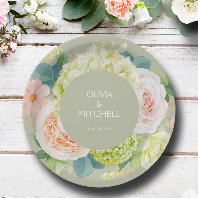 Chic Watercolor Florals Sage Green Wedding Pappteller (Chic Watercolor Florals Sage Green Wedding Paper Plates)