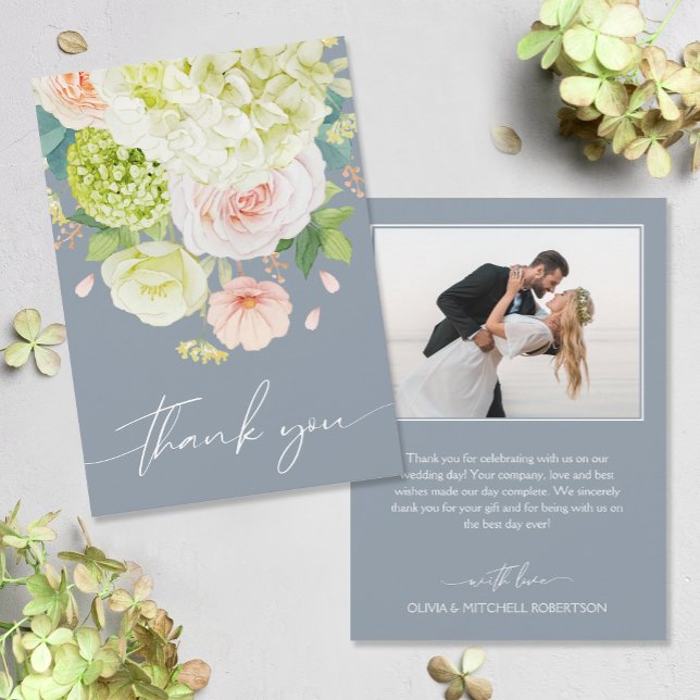 Chic Watercolor Florals Wedding Foto Dankeskarte (Watercolor florals on front, your photo and message on the back of flat wedding thank you cards)