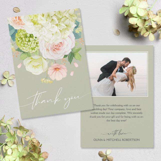 Chic Watercolor Florals Wedding Foto Dankeskarte (Watercolor florals on front, your photo and message on the back of flat wedding thank you cards)