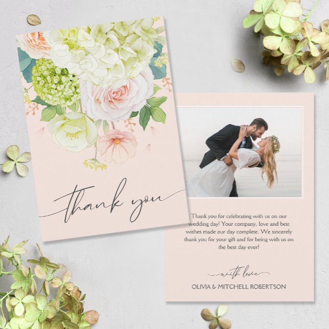 Chic Watercolor Florals Wedding Foto Dankeskarte (Watercolor florals on front, your photo and message on the back of flat wedding thank you cards)