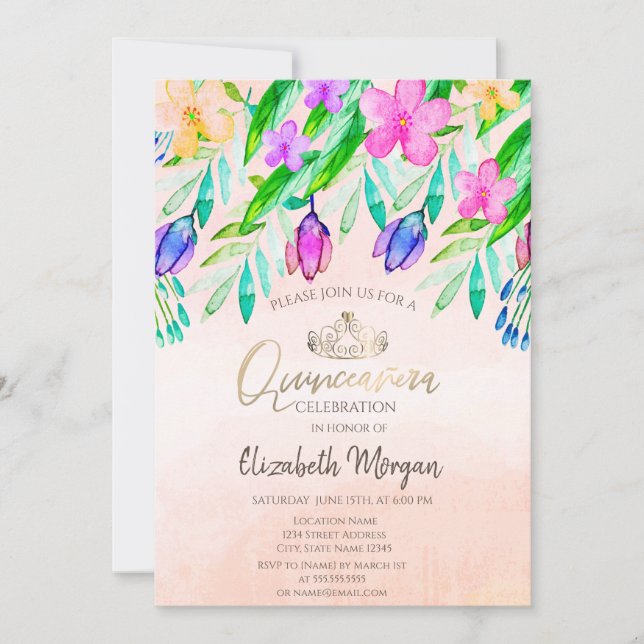Chic Watercolor Frühlingsblumen Quinceañera Einladung (Vorderseite)