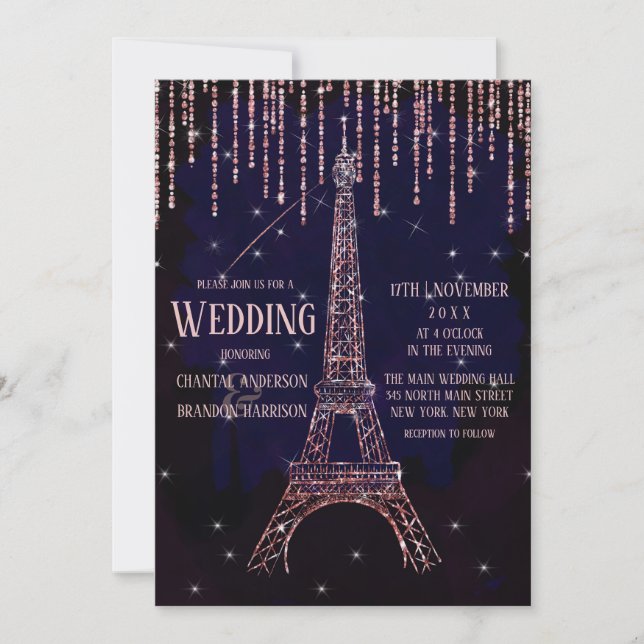 Chic Watercolor Glitzer Paris Eiffelturm Hochzeit Einladung (Vorderseite)