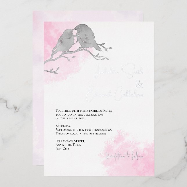 Chic Watercolor Gray Lovebirds Rosa Farbwash Folieneinladung (Vorderseite/Rückseite)