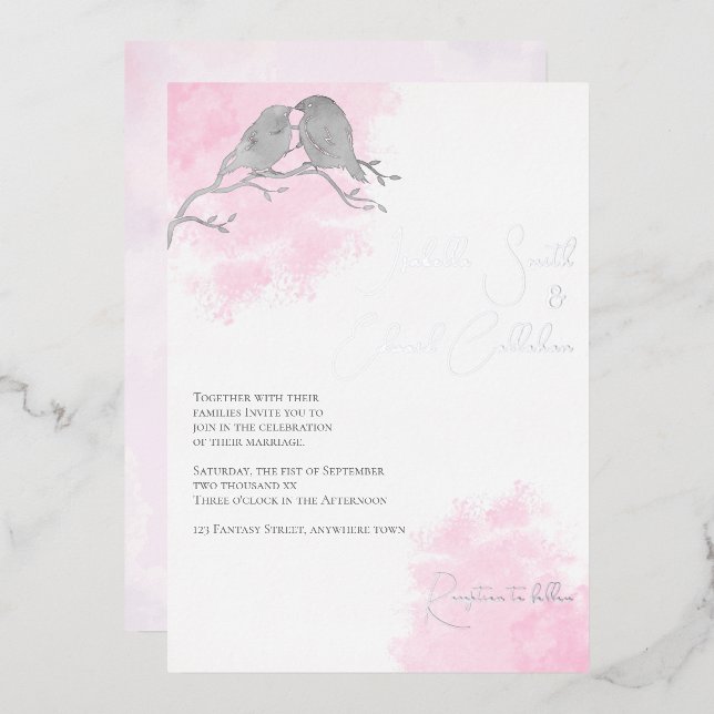 Chic Watercolor Gray Lovebirds Rosa Farbwash Folieneinladung (Vorderseite/Rückseite)