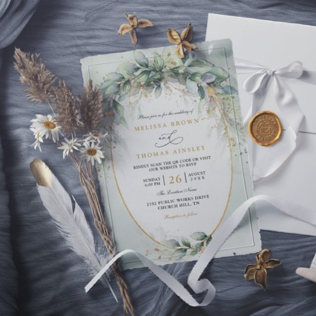 Chic watercolor greenery elegant qr code wedding einladung (Von Creator hochgeladen)