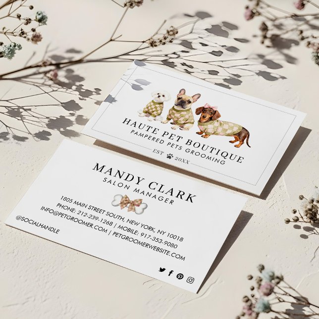 Chic Watercolor Hunde Rassen Checkered Pet Groomer Visitenkarte (Chic Watercolor Dog Breeds Checkered Pet Groomer Business Card)
