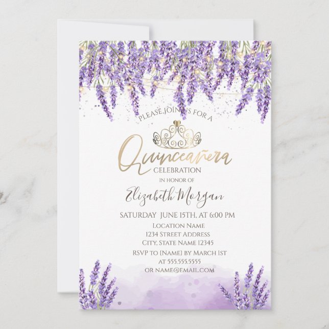 Chic Watercolor Lavanda, String Lights Quinceanera Einladung (Vorderseite)