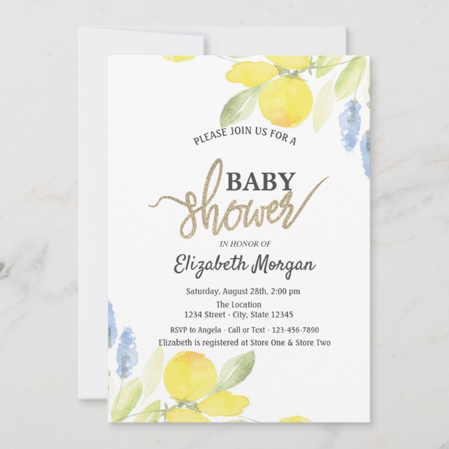 Chic Watercolor Lemons Babydusche Einladung (Vorderseite)