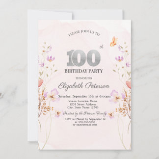 Chic Watercolor Lilac Wildflowers 100th Birthday Einladung
