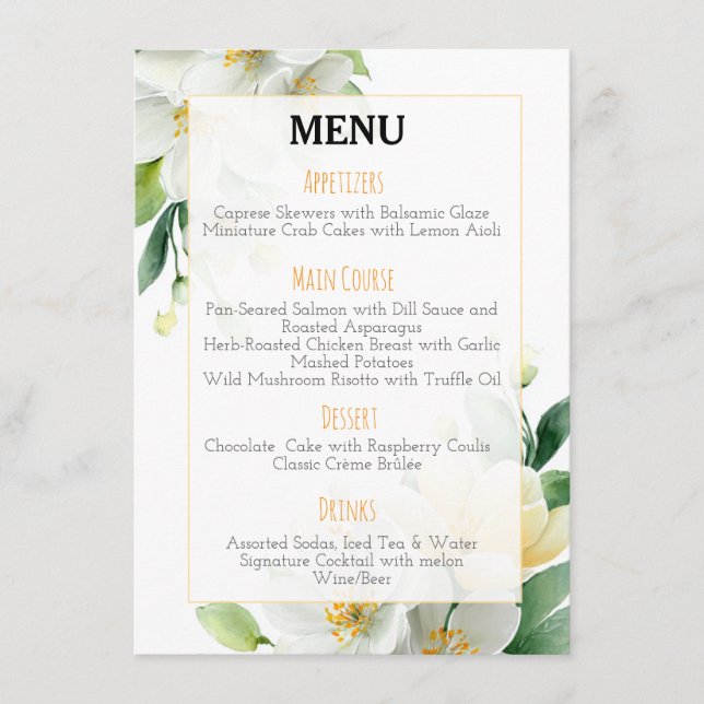 Chic Watercolor Magnolia & Jasmine Wedding Menu Menükarte (Vorderseite)